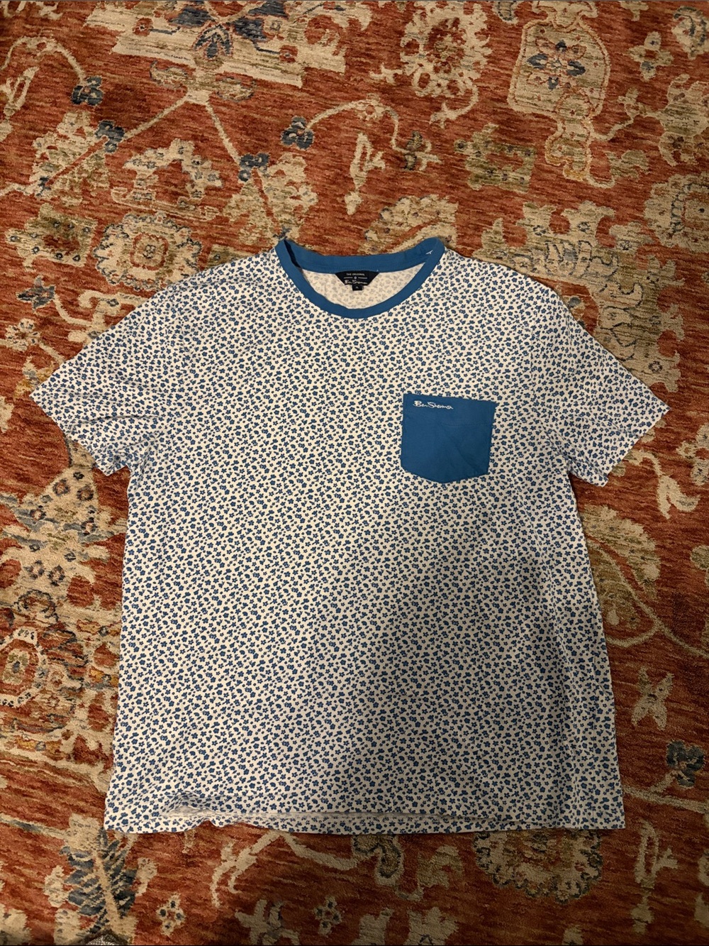Ben Sherman White Tee with Blue Micro Floral and Blue Pocket